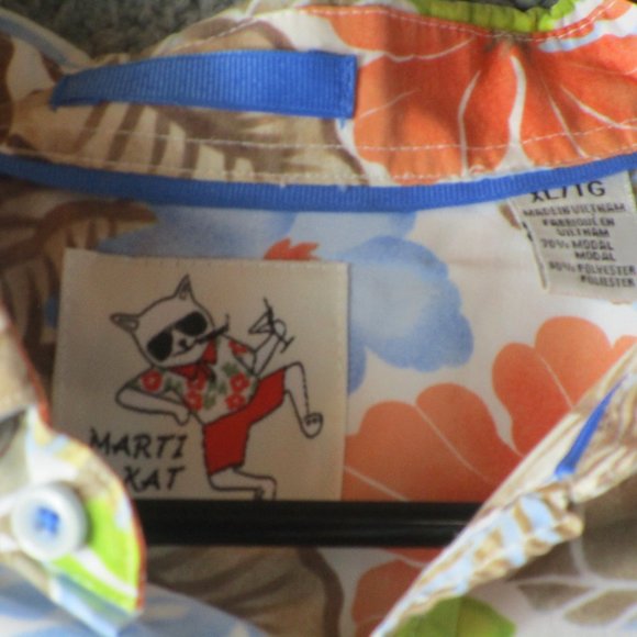 MARTI KAT MEN'S HAWAIIAN BUTTON SHIRT XL BLUE ORANGE WHITE MODAL POLYESTER - Picture 2 of 3